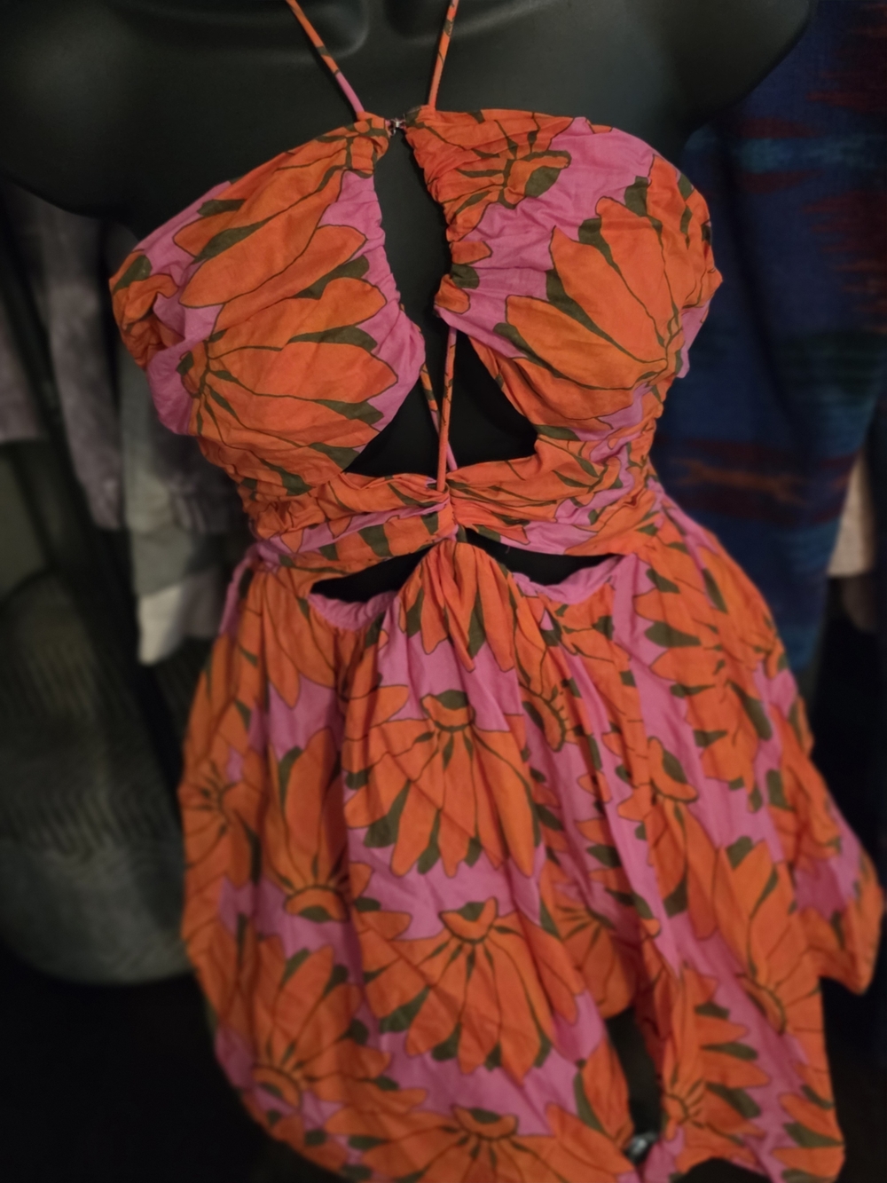 FARM Rio Copacabana Floral Cutout Halter Mini Dress Pink Orange S